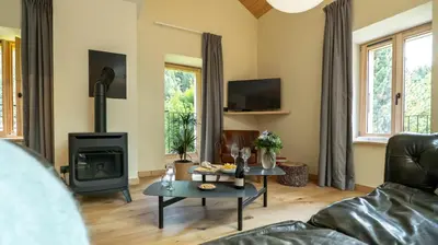 a living room with a couch and a fireplace at Enjoy Chalet in Chamonix-Mont-Blanc