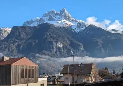 a mountain in the distance with a city and buildings at Le Doran - Terrasse & Vue Mont Blanc in Sallanches