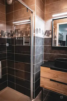 a bathroom with a shower with a sink and a mirror at Le Doran - Terrasse & Vue Mont Blanc in Sallanches