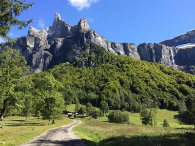 a road in front of a mountain with trees at Charming Mountain Getaway in Samoëns