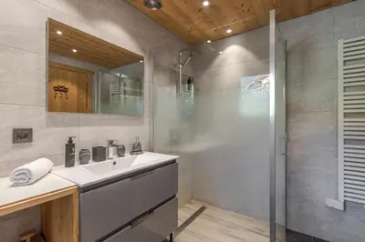 a bathroom with a sink and a shower at Chalet Mont Blanc in Cordon