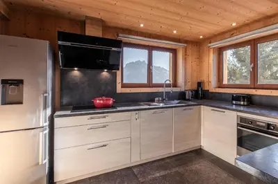 a kitchen with a refrigerator and a sink at Chalet Mont Blanc in Cordon