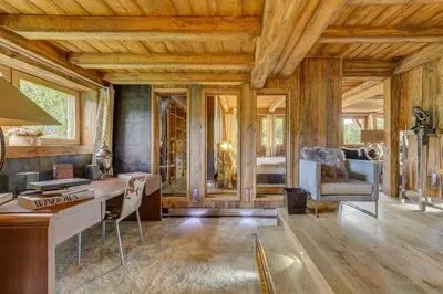 a home office with a desk and a chair at Megeve Luxury Estate The Royal Alpine Retreat with Mont Blanc View - Chalet Maille in Demi-Quartier