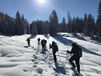 a group of people cross country skiing in the snow at Mountain Retreat for Families in Samoëns