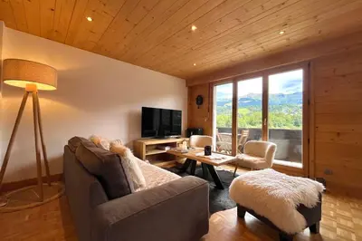 a living room with a couch and a television at Refuge de la Fontaine in Megève