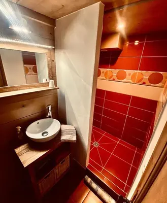 a small bathroom with a sink and red tiles at Gîte de l Auguille in Megève