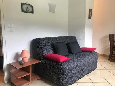 a black couch with red pillows in a living room at Samoëns studio 4 personnes idéalement situé in Samoëns