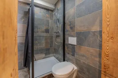 a bathroom with a toilet and a shower at Chalet studio Megève enface des remontées mécaniques et parking gratuit in Demi-Quartier