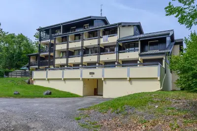 an apartment building on a hill with a driveway at Le Pré du bois des Carroz - Proche Aquacîme in Arâches-la-Frasse