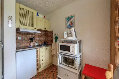 a small kitchen with a microwave and a refrigerator at Le Pré du bois des Carroz - Proche Aquacîme in Arâches-la-Frasse
