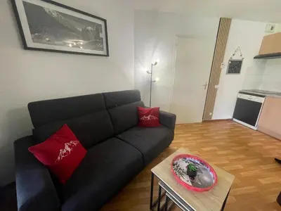 a living room with a black couch and red pillows at Les 3 balcons du Mont Joly in Les Contamines-Montjoie