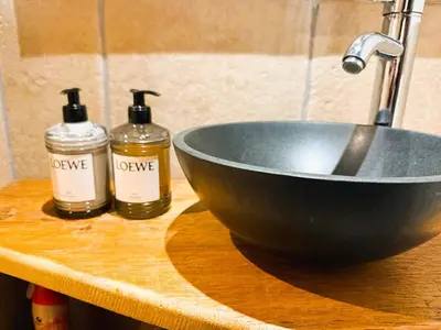 a bathroom sink with two bottles of soap on a counter at Megève centre in Megève
