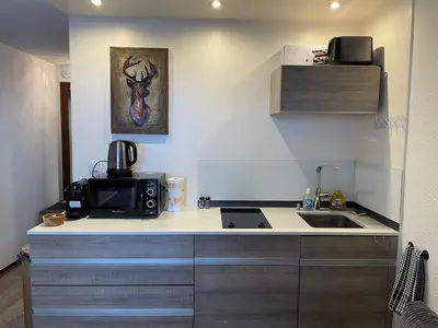 a kitchen with a sink and a microwave at Downtown Chamonix Studio & Stunning Mountain View in Chamonix-Mont-Blanc