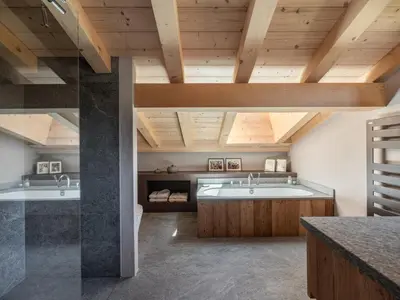 two sinks in a bathroom with wooden ceilings at Chalet calme à Megève - 4 chambres, proche centre, parking inclus - FR-1-569-201 in Megève