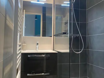 a bathroom with a sink and a shower at Appartement rénové 3 pièces · Balcon sud · WIFI gratuit · Flaine Forêt - FR-1-425-236 in Arâches-la-Frasse