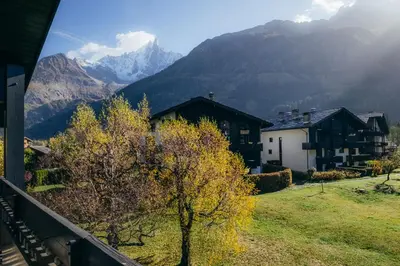 a view of a mountain from a house with a tree at Charming apartment in Chamonix in Chamonix-Mont-Blanc