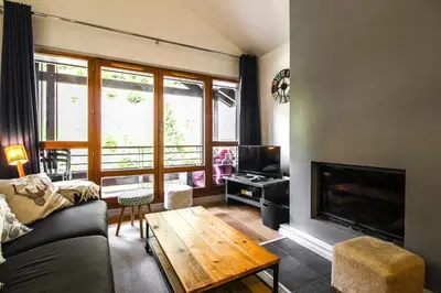 a living room with a couch and a fireplace at Unique appartement 2 chambres derniere etage Les Terrasses dEos in Flaine