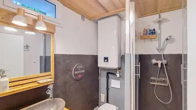 a bathroom with a shower and a toilet and a sink at 1 Farniente in Megève