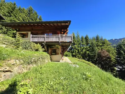 a house on the side of a hill with a balcony at Chalet near centre of Megève in Megève