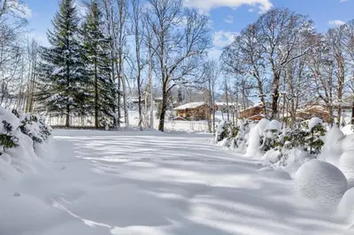 a snow covered yard with trees in the background at Appartement Pruniers - Welkeys in Megève