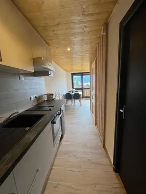 a kitchen with a sink and a counter at Appartement au centre des Carroz in Arâches-la-Frasse