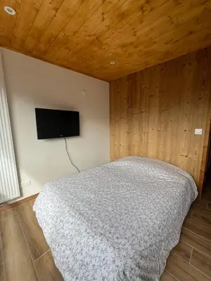a bedroom with a bed and a television on the wall at Appartement au centre des Carroz in Arâches-la-Frasse