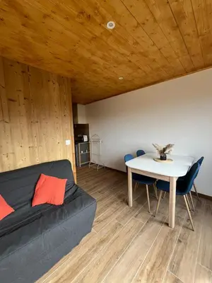 a living room with a couch and a table at Appartement au centre des Carroz in Arâches-la-Frasse