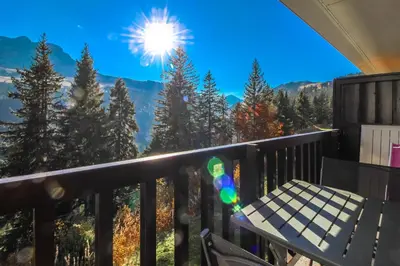a living room with a couch and a table at Studio cabine lumineux et calme, au centre de Flaine Foret in Flaine