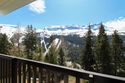 a room with a view of trees and mountains at Studio cabine lumineux et calme, au centre de Flaine Foret in Flaine