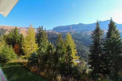 a view of a valley with trees and mountains at Studio cabine lumineux et calme, au centre de Flaine Foret in Flaine