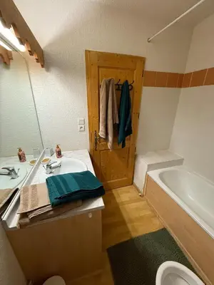 a bathroom with a sink and a toilet and a tub at Appartement Samoens Cosy in Samoëns