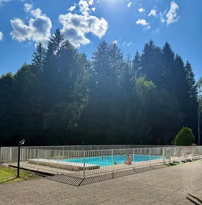 a fence around a swimming pool with trees in the background at Appartement Samoens Cosy in Samoëns