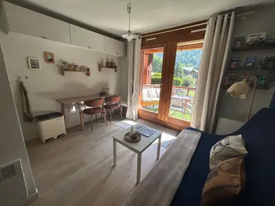 a living room with a couch and a table at Petit appartement cosy in Les Contamines-Montjoie