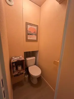 a small bathroom with a toilet and a picture at Petit appartement cosy in Les Contamines-Montjoie