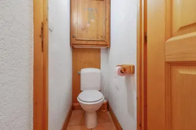 a small bathroom with a toilet and a wooden cabinet at Tete Rousse - Ski aux pieds - Piscine - Terrace in Les Houches