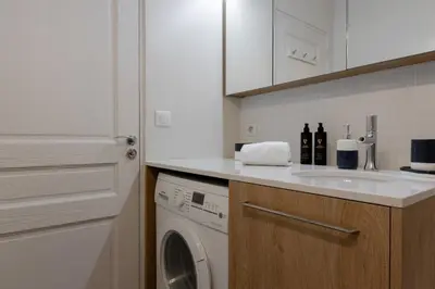 a kitchen with a washing machine and a sink at Appt Cosy - Vue Mont-Blanc en hyper centre in Chamonix-Mont-Blanc