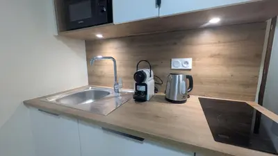 a kitchen counter with a sink and a coffee maker at Studio La Vallée Blanche in Sallanches