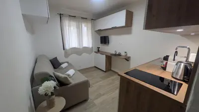a small living room with a couch and a kitchen at Studio La Vallée Blanche in Sallanches
