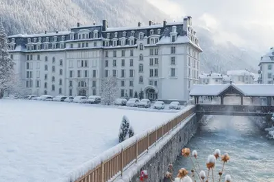 a snow covered building in front of a building at Alpine stay right in the center of Chamonix in Chamonix-Mont-Blanc