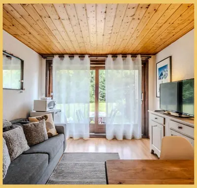 a living room with a couch and a tv at L'Aiguille de Chamonix I Appartement Les Praz in Chamonix-Mont-Blanc