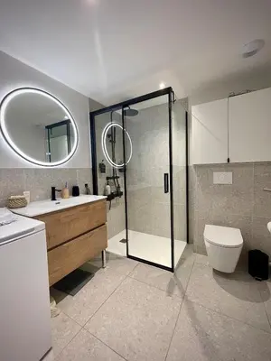 a bathroom with a shower and a toilet and a sink at Elba, Les Mazots de Kayla in Les Houches