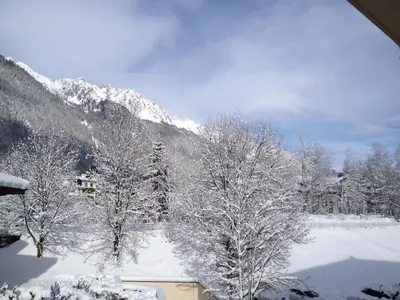 a snow covered forest with trees and a mountain at Les Sommets Studio in Chamonix-Mont-Blanc