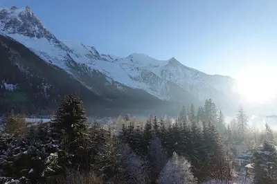 a snow covered mountain range with trees and mountains at Quartz - Appt 4 etoiles vue Mont-Blanc - Centre in Chamonix-Mont-Blanc