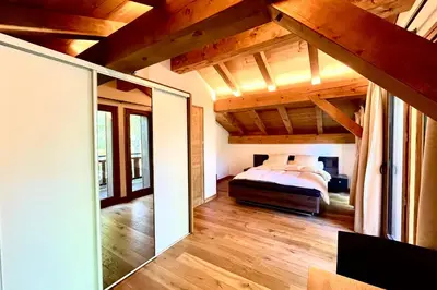 a bedroom with a bed and a large mirror at Cozy chalet in Combloux near the slopes in Combloux