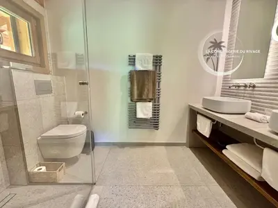 a bathroom with a shower and a toilet and a sink at Chalet neuf La Marmotière - Vue sur la Montagne in Combloux