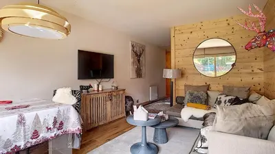 a living room with a couch and a tv at 1 RR6169 - Rochebrune- proche pistes in Megève