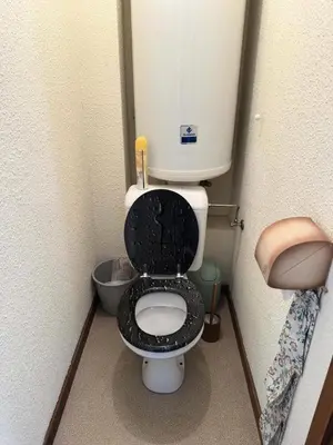 a small bathroom with a toilet with a black seat at Résidence Ecrin Des Glacier Aiglon - Ecrin des glaciers Aiglon 14 MAE-2783 in Combloux