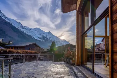 a balcony with a view of a mountain at Chalet Couttet - Chamonix All Year in Chamonix-Mont-Blanc