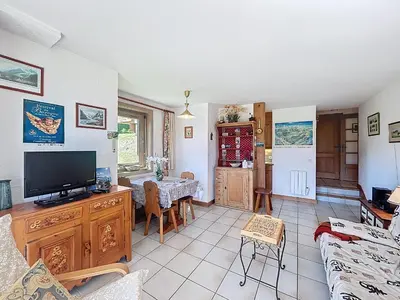 a living room with a couch and a tv at Appartement 2 chambres, vue Mont Blanc, parking inclus - FR-1-560-168 in Combloux