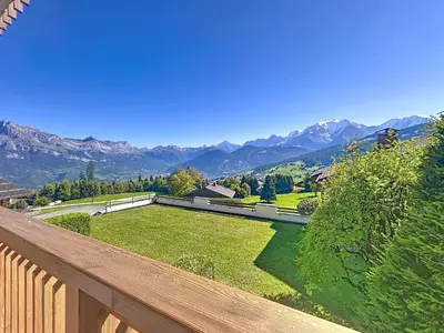 a view of a yard with mountains in the background at Appartement 2 chambres, vue Mont Blanc, parking inclus - FR-1-560-168 in Combloux